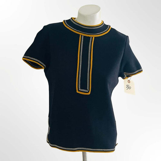 Vintage Black and Yellow Acrylic Knit Short Sleeve Top with Contrasting Piping