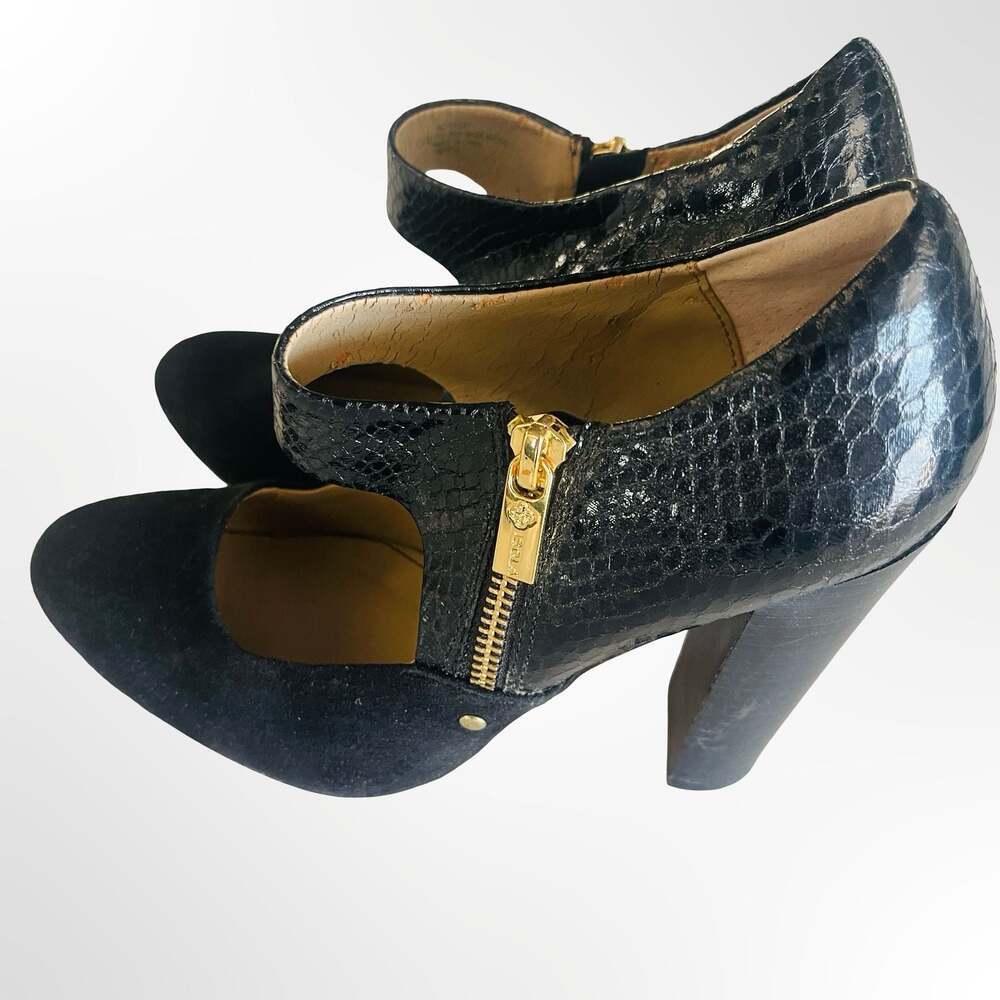 Isola Black Suede and Snakeskin Embossed Leather Mary Jane Block Heel Pumps