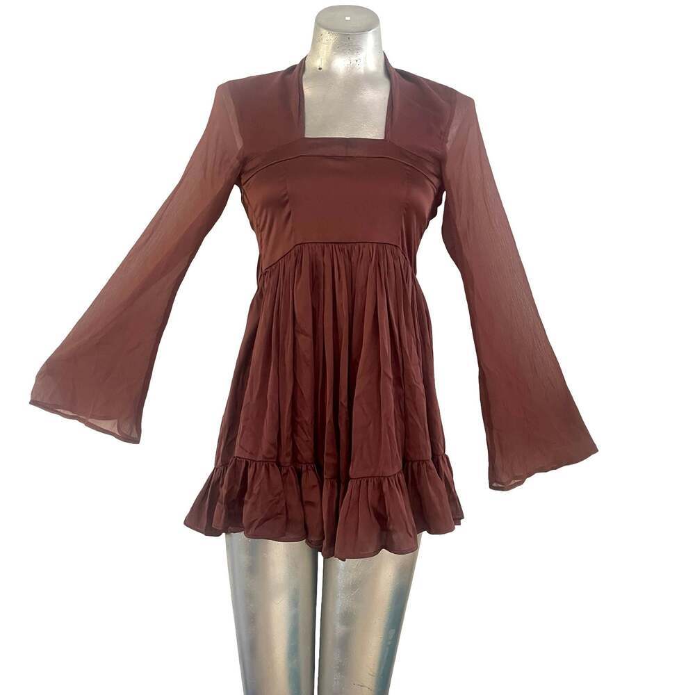 ASOS DESIGN Women's Brown Long Sleeve Mini Skater Dress with Frill Hem