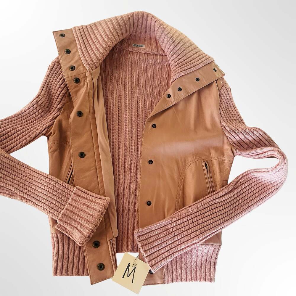 BCBGMaxAzria Pink Leather and Ribbed Knit Sweater Jacket Size M