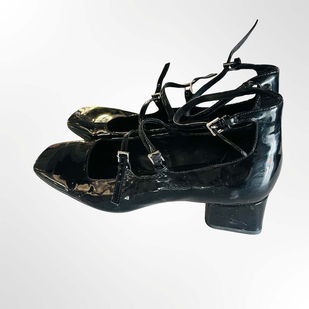 Zara Black Patent Leather Square-Toe Double-Strap Mary Jane Heels