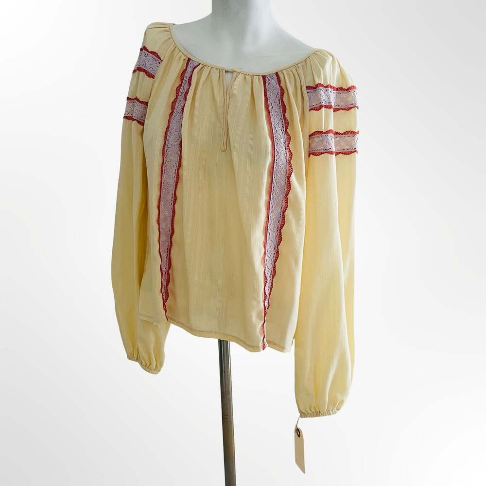 Vintage 1970s Yellow Peasant Blouse with Red and Purple Lace Trim