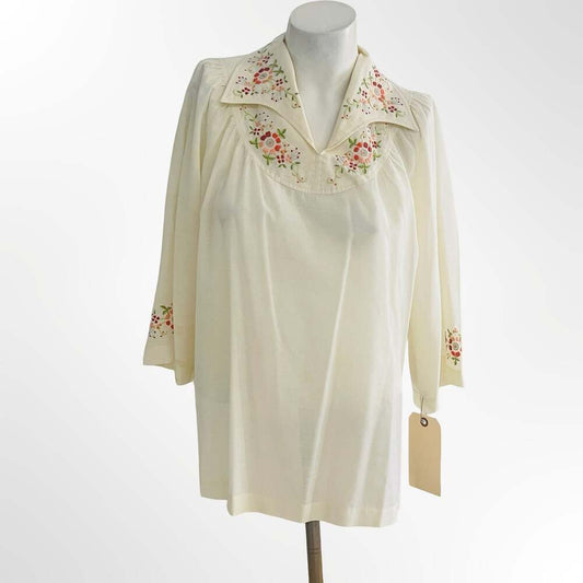 Lily Vintage Embroidered Floral Cream Blouse
