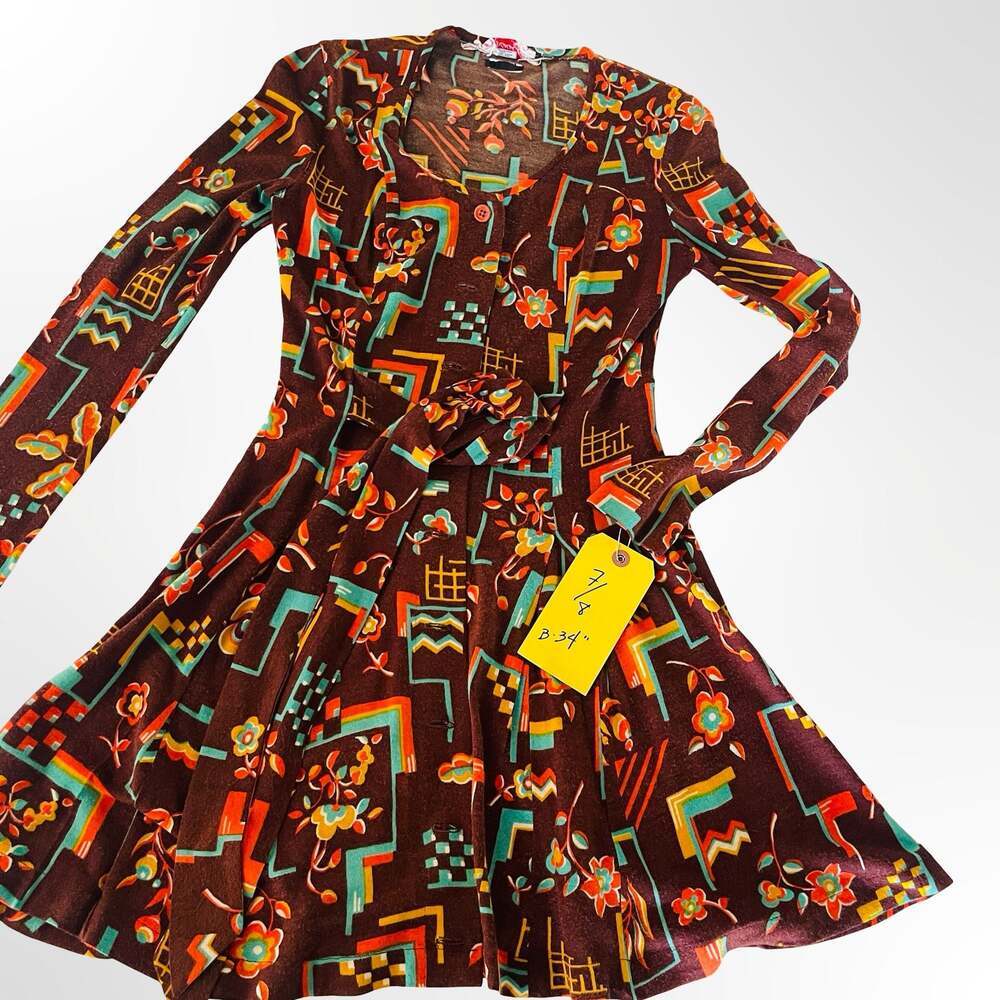 Vintage Brown Geometric Floral Long Sleeve Belted Mini Dress