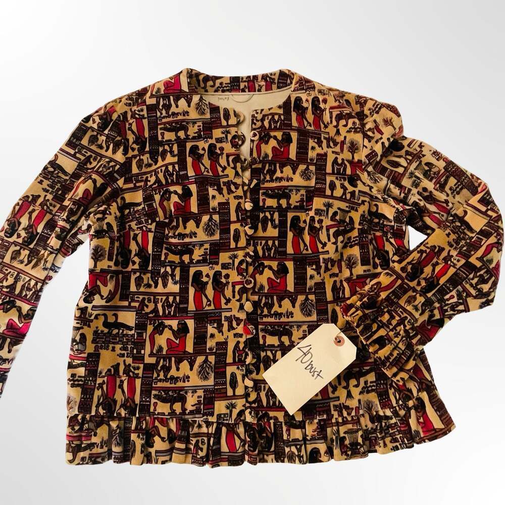 Vintage Egyptian Hieroglyphic Print Jacquard Blazer Jacket with Ruffle Hem