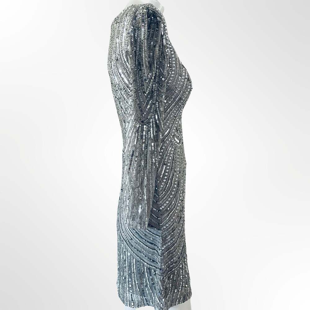 Lara 29615 Long-Sleeve Beaded Cocktail Dress in Silver