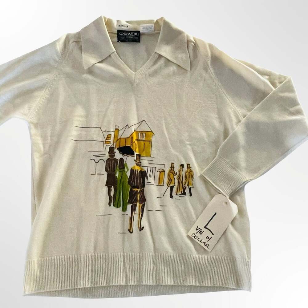 Vintage Raffini Linea Uomo Cream V-Neck Sweater w Art Deco Graphic