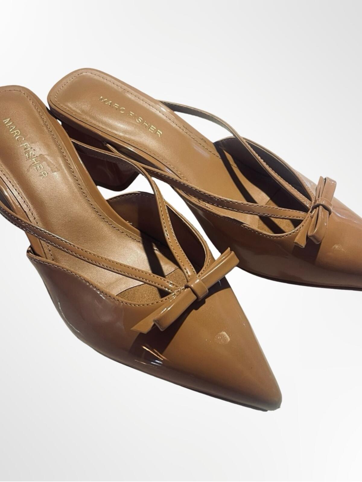 Marc Fisher Tan Pointed-Toe Bow Slingback Mules in size 8.5