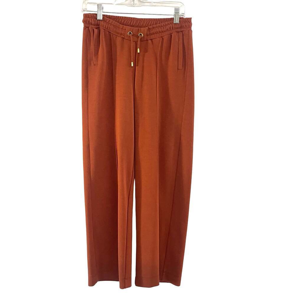 Wide Leg High-Waisted Drawstring Sweatpants with Pintuck Detail in Rust