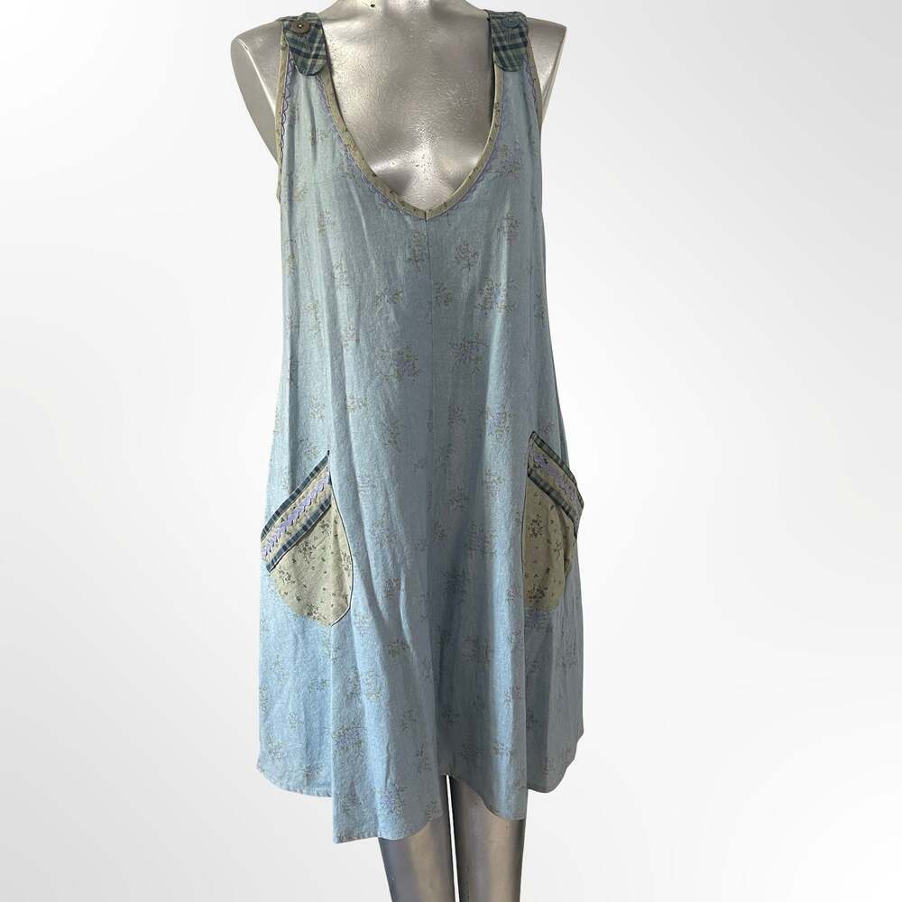 Custom Made Floral Linen Sleeveless Pinafore Dress with Patch Pockets