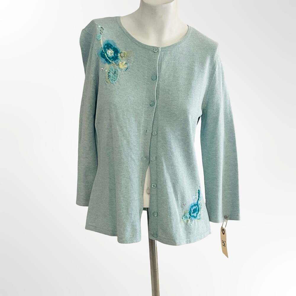 Northern Reflections Blue Floral Embroidered Cardigan Sweater Medium