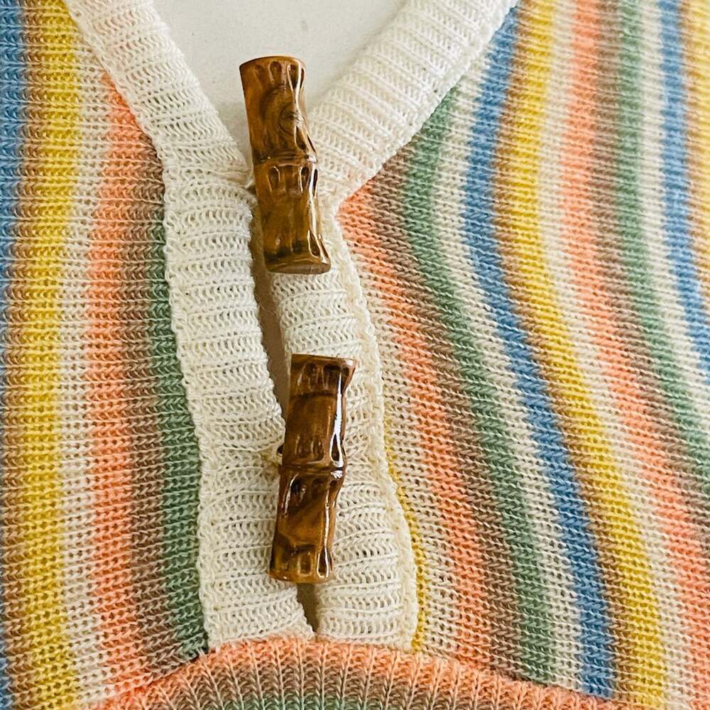 Vintage 1970s Lover's Leap Ltd. Striped Knit Short Sleeve Top w Bamboo Buttons