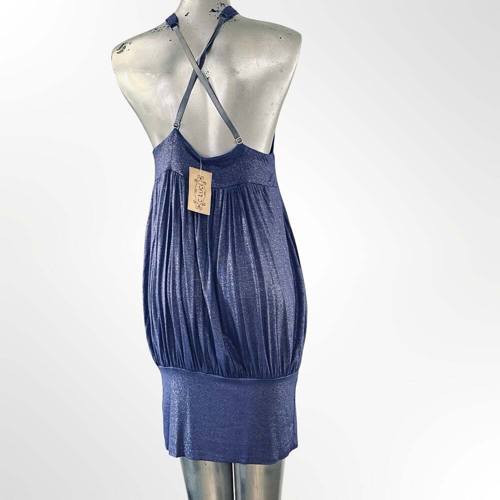 C. Luce Metallic Blue Halter Neck Pleated Mini Dress NWT