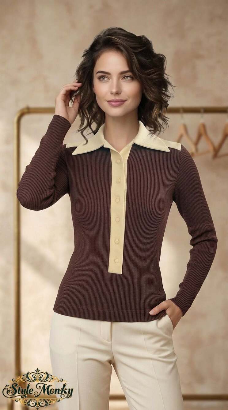 Vintage Stage 7 Brown Ribbed Knit Long Sleeve Polo Sweater  w Cream Collar
