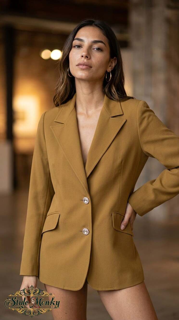 Tan Brown Two-Button Fitted Blazer with Crystal Buttons