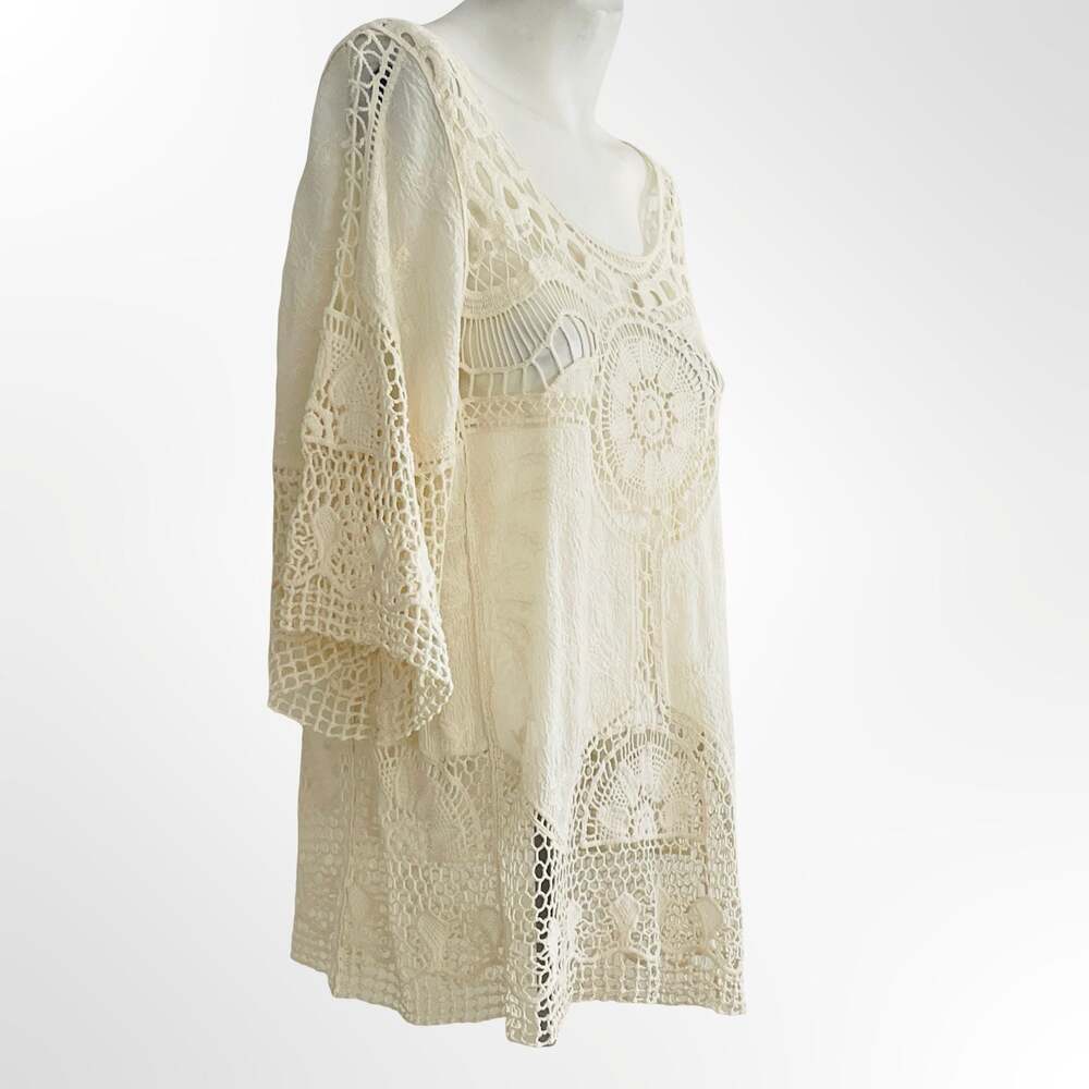 Indikah Cream White Boho Crochet Lace One Size Tunic Blouse