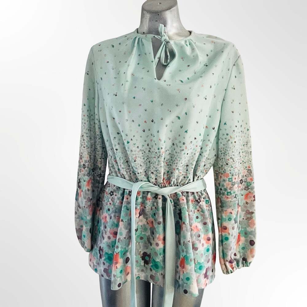 Vintage Mint Green Floral Ombre Tie Neck Long Sleeve Peplum Blouse with Belt