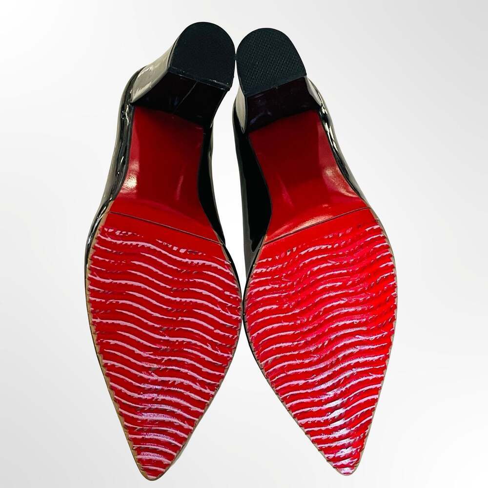 Sinnjato Black Patent Leather Pointed Toe Block Heel Pumps