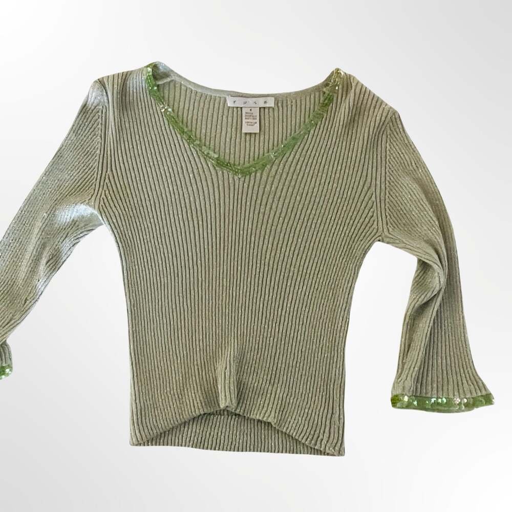 Fuse Silk Metallic Ribbed Knit Top with Green Sequin Trim Size M