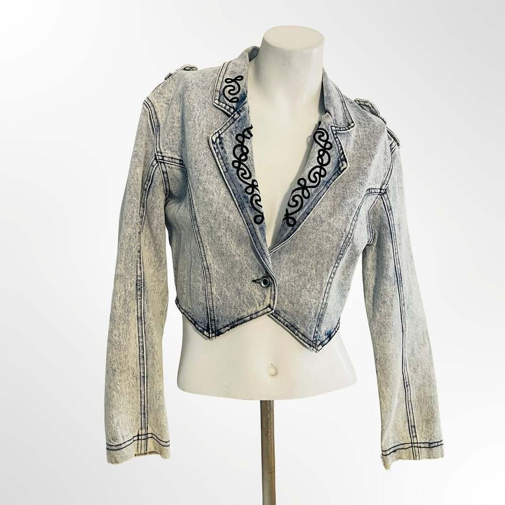 Too Cool For School Vintage 1980s Acid Wash Cropped Denim Jacket w Embroidered L