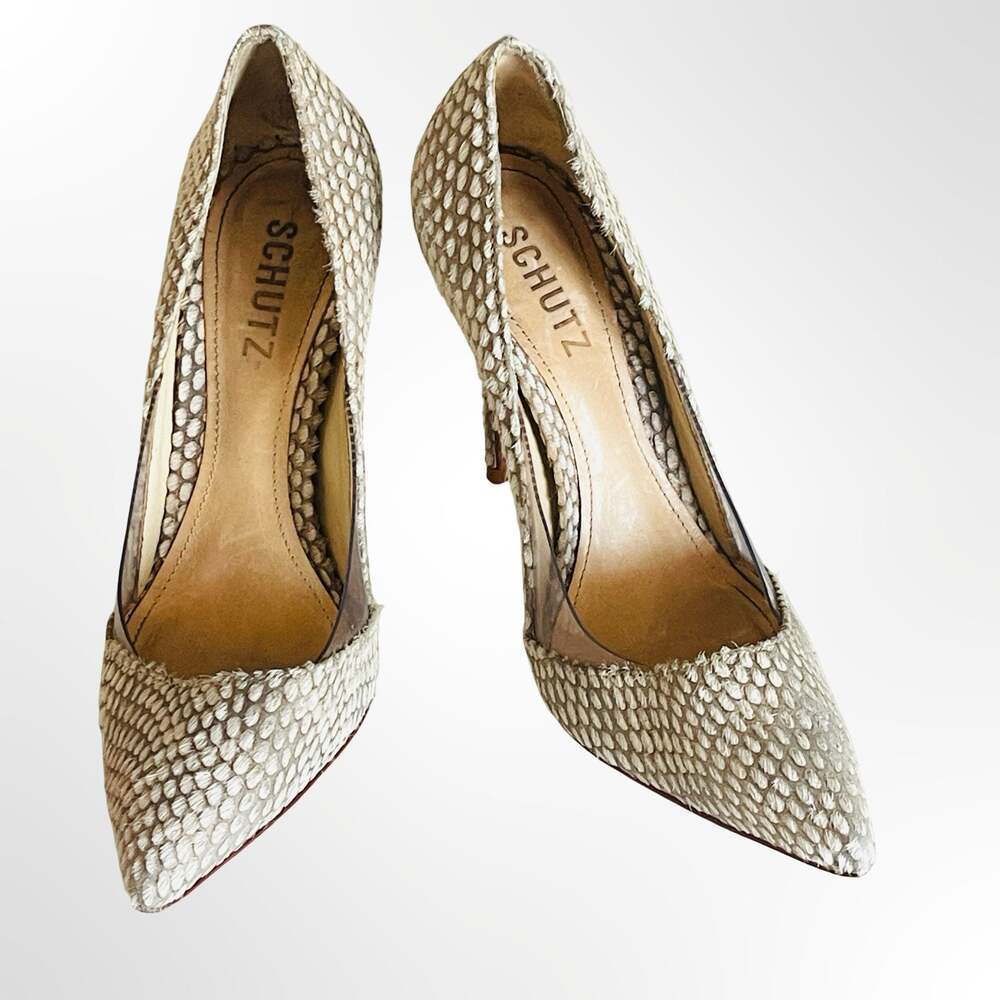 Schutz Pointed Toe Stiletto Pumps with Clear PVC Side Panels in Textured Fabric