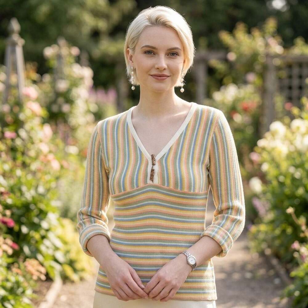 Vintage 1970s Lover's Leap Ltd. Striped Knit Short Sleeve Top w Bamboo Buttons