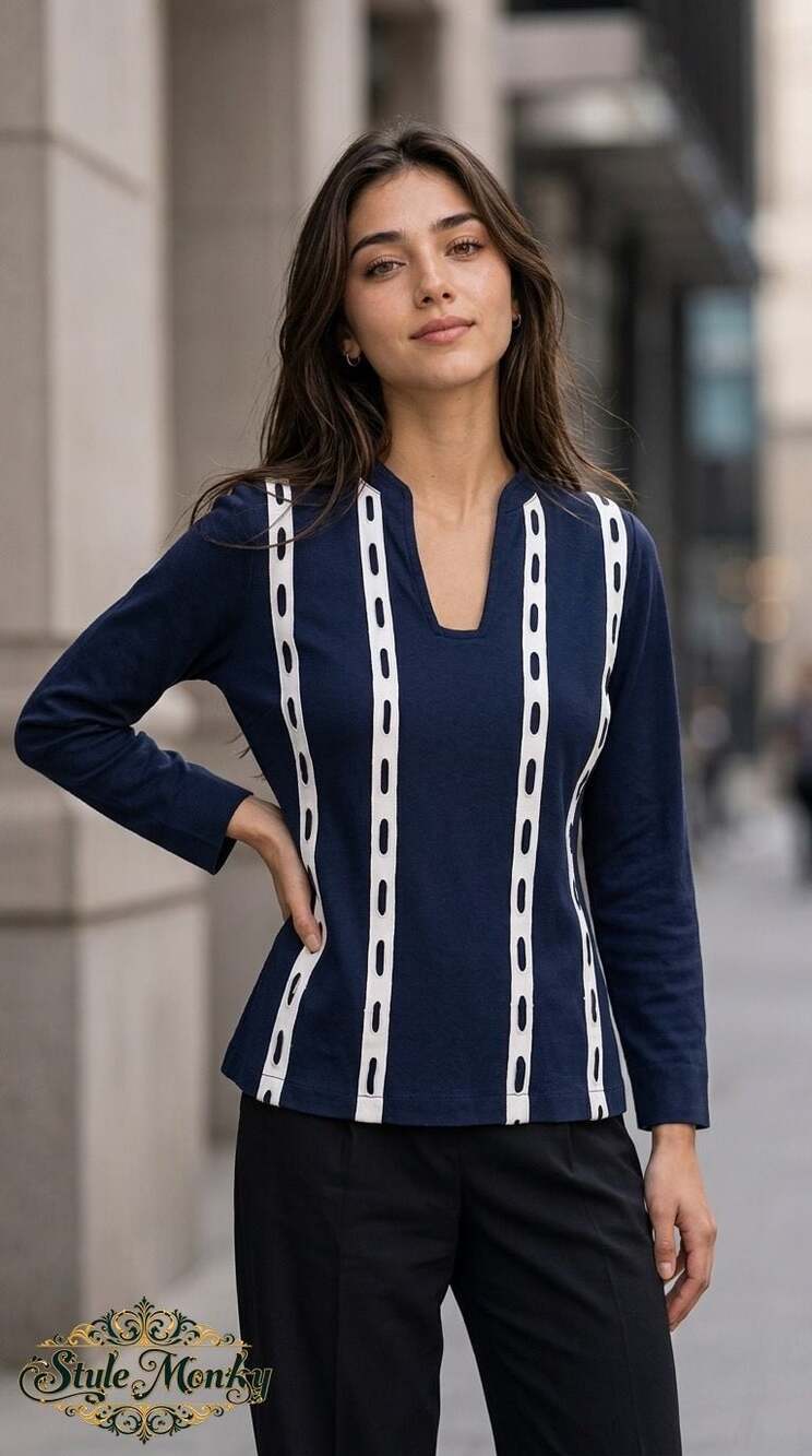 Vintage Navy Blue Long Sleeve Blouse with White Vertical Striped Details