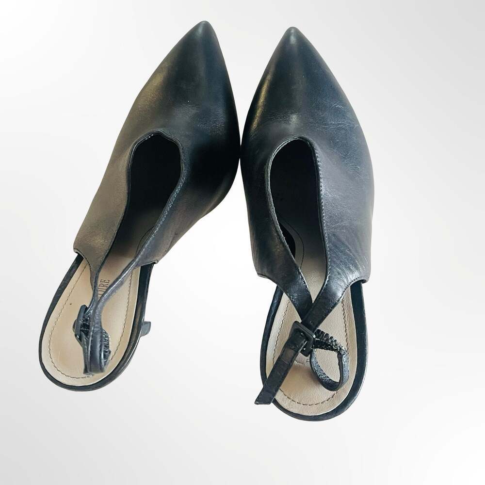 Pour La Victoire Black Leather Pointed Toe Slingback Stiletto Pumps
