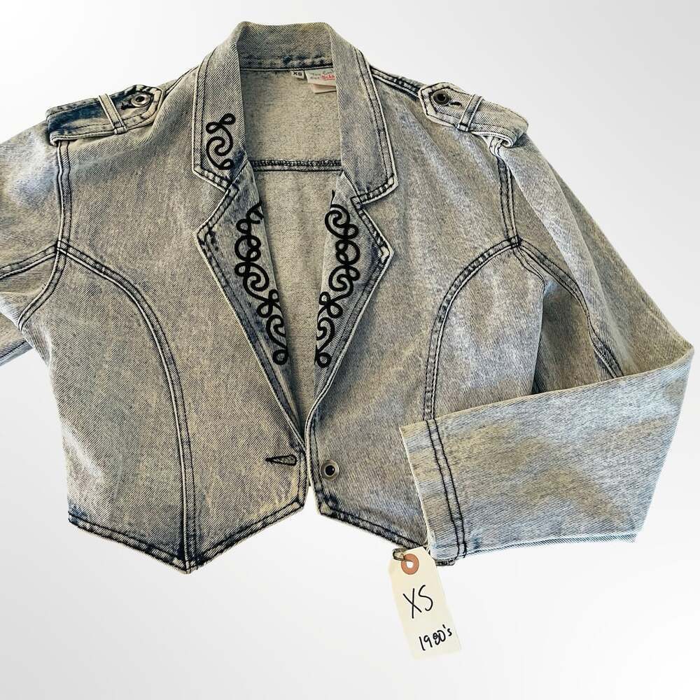 Too Cool For School Vintage 1980s Acid Wash Cropped Denim Jacket w Embroidered L