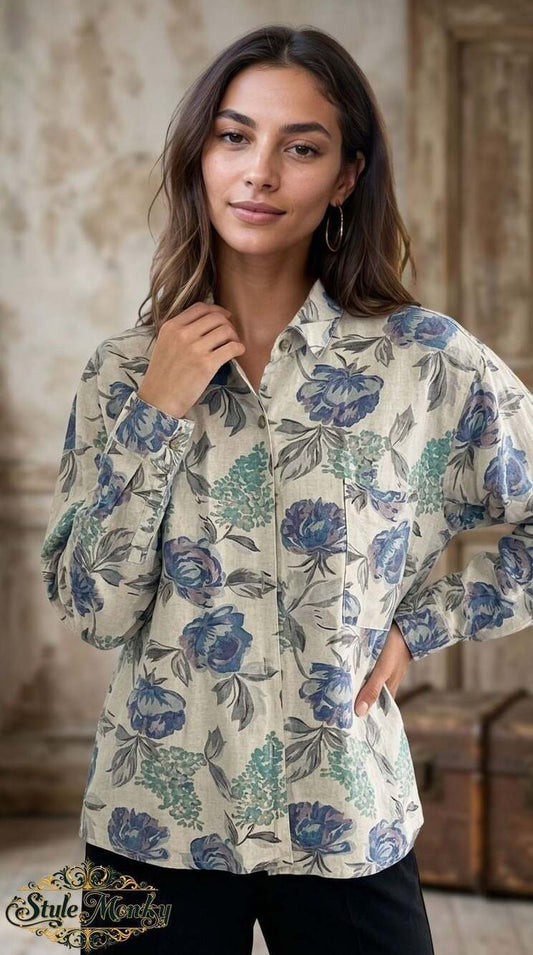 Judy's Vintage Floral Print Button Front Long Sleeve Shirt Size S