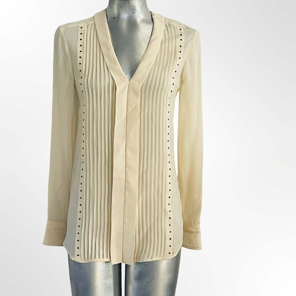Belstaff Women's Walton Ivory Silk Pleated Studded V-Neck Blouse