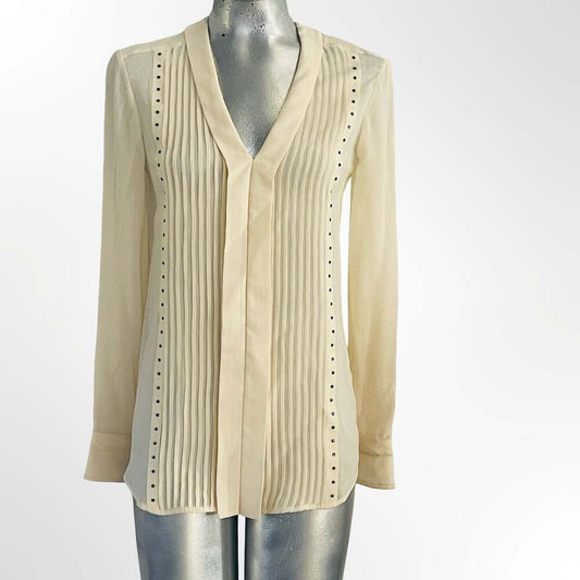 Belstaff Women's Walton Ivory Silk Pleated Studded V-Neck Blouse