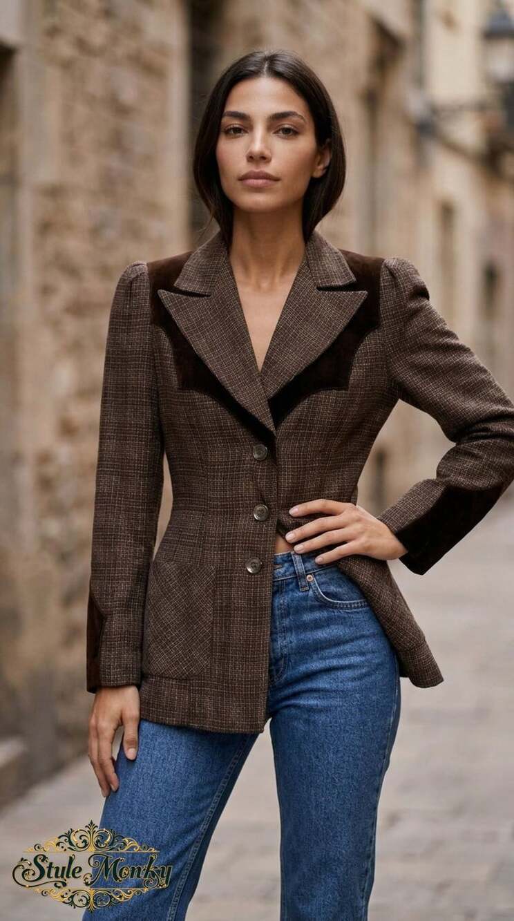 Vintage Young Edwardian Brown Plaid Wool Blazer Jacket with Velvet Contrast Yoke