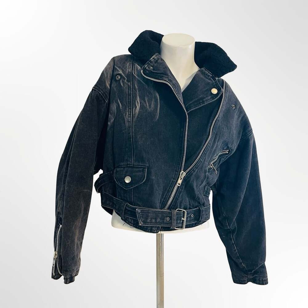 East West By The Panda Group Vintage Acid Wash Denim Moto Jacket w Sherpa Collar
