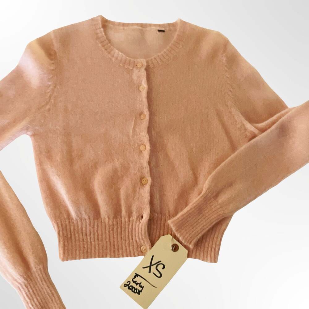 Vintage Early 2000s Baby Pink Angora Wool Blend Cardigan Sweater XS