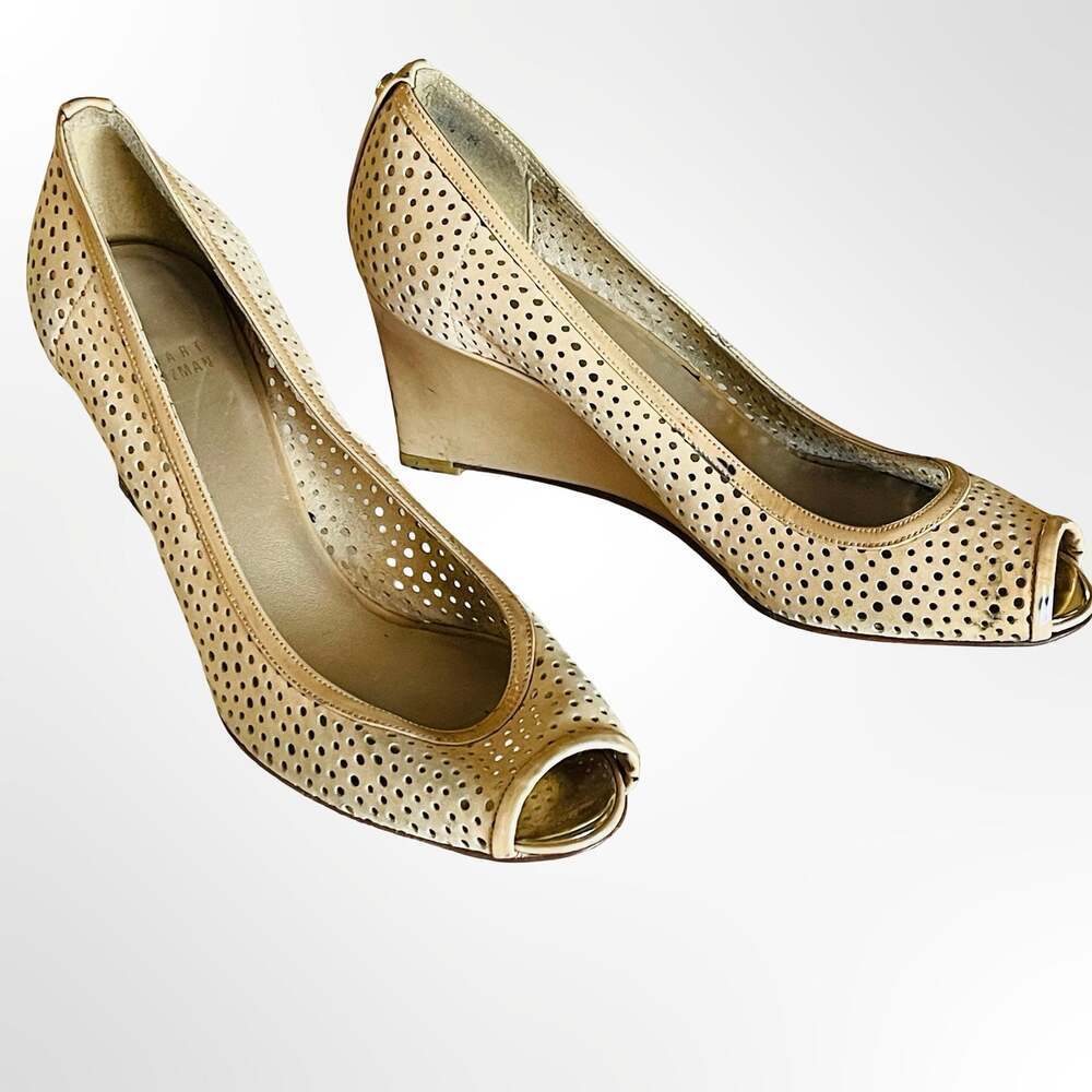Stuart Weitzman Women's Beige Perforated Leather Peep-Toe Wedge Pumps