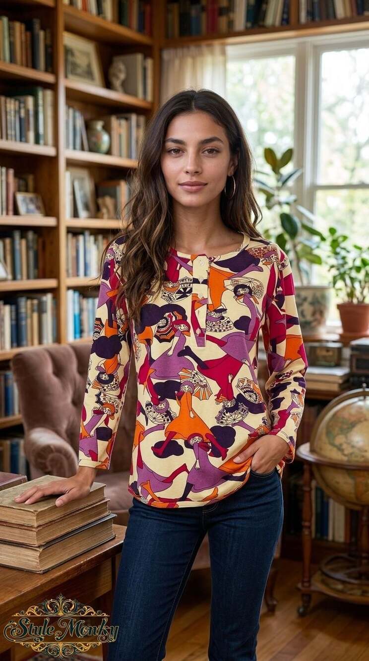 Vintage 1970s Starlight Trading Inc. Abstract Figure Print  Henley Top Size L