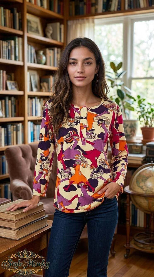 Vintage 1970s Starlight Trading Inc. Abstract Figure Print  Henley Top Size L
