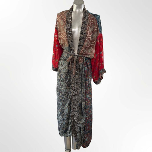Vintage Upcycled Patchwork Silk Sari Kimono Robe with Belt