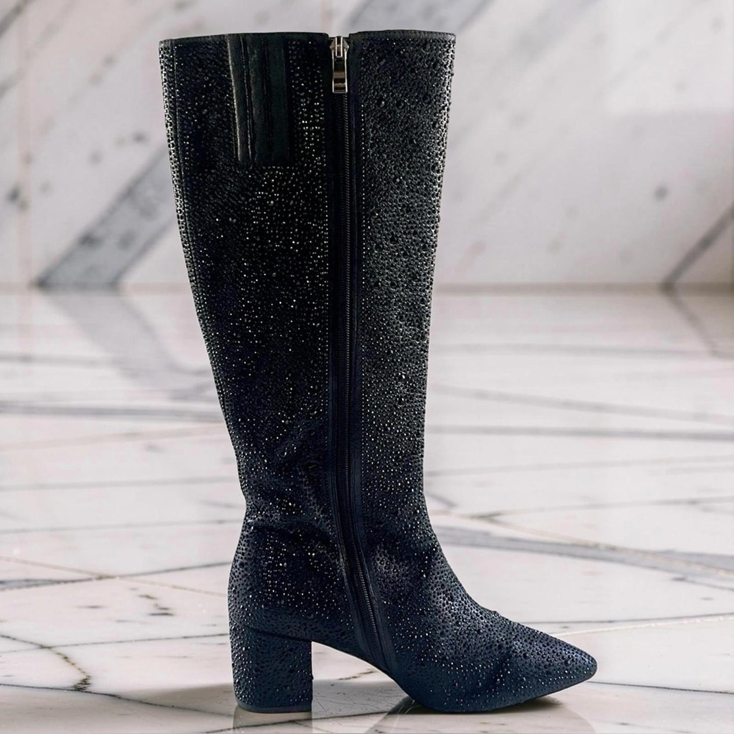 Wet Kiss Black Rhinestone Heeled Boots in many sizes avail