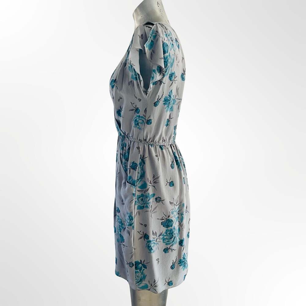 Rebecca Taylor Gray Blue Floral 100% Silk Bellamy Mini Dress V-Neck with Pockets