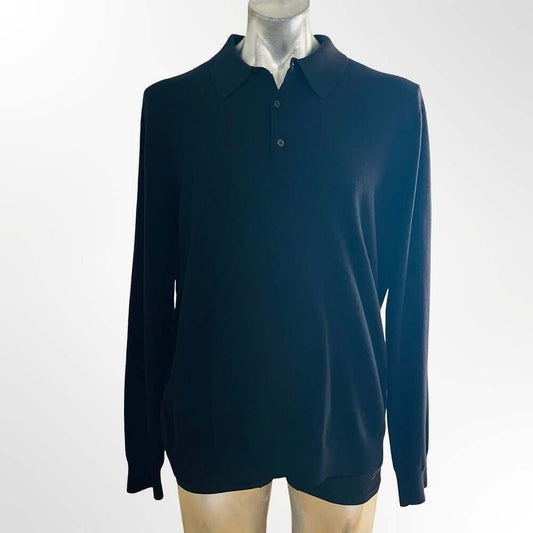 Nordstrom Mens XL Black 100% Extra Fine Merino Wool Long Sleeve Polo Sweater