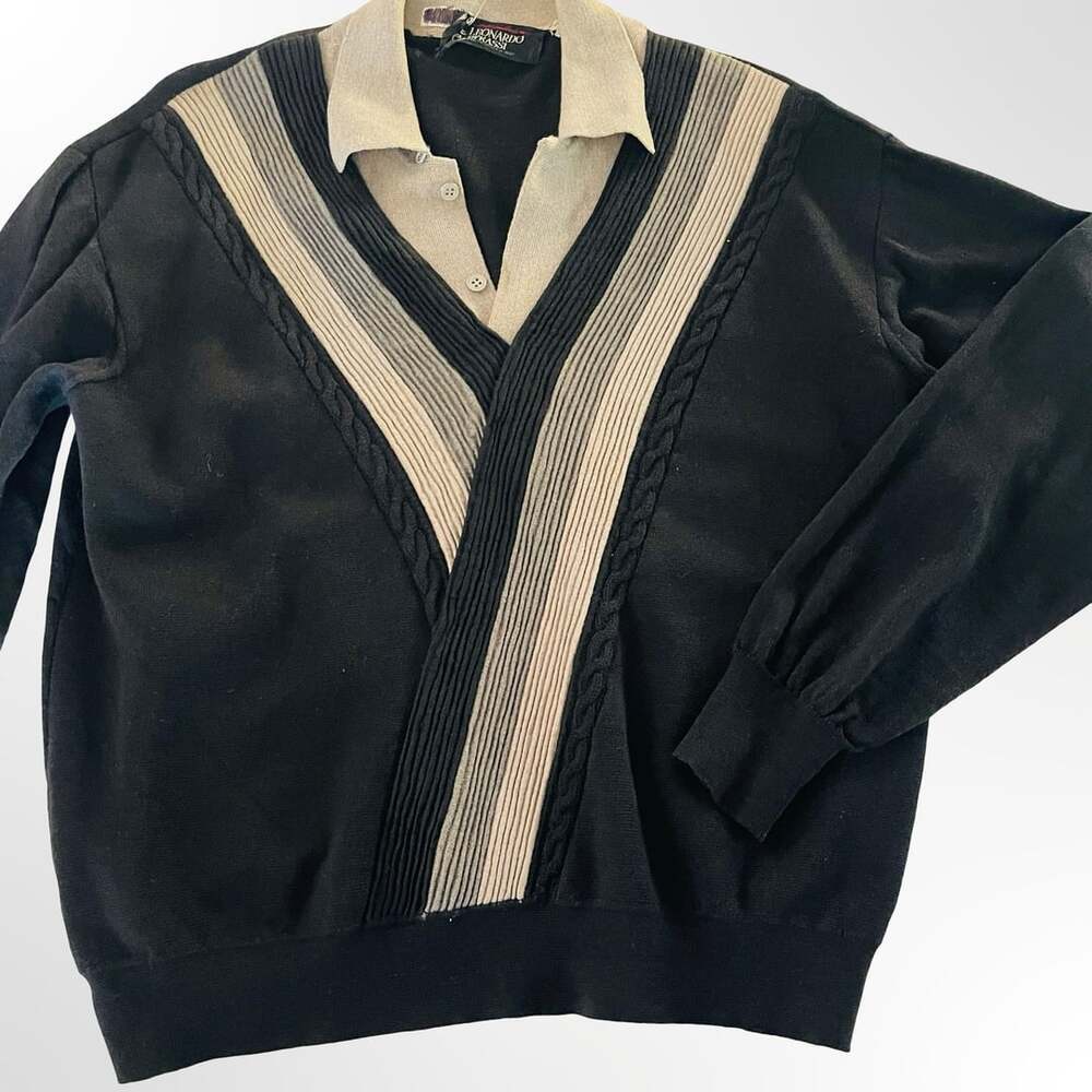 Leonardo Strassi Vintage Black V-Neck Layered Look Knit Sweater