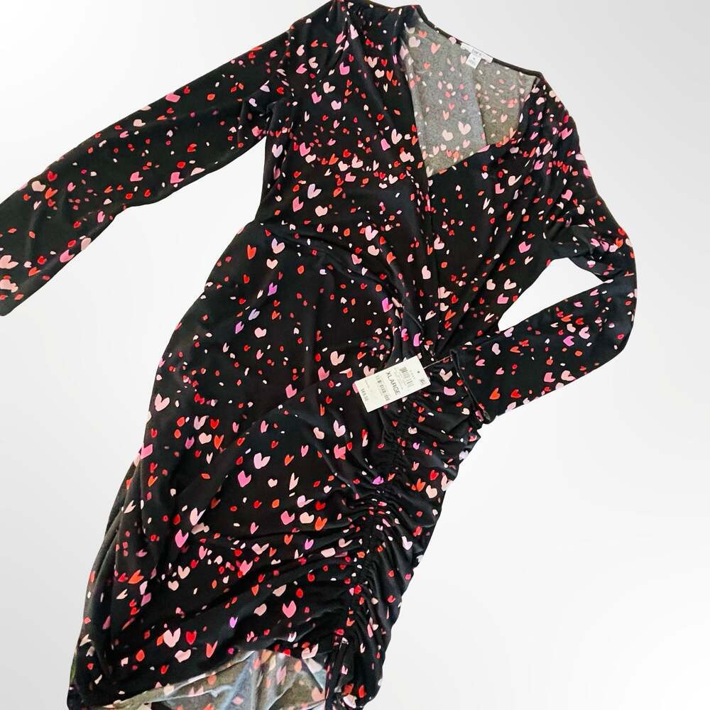Bar III Black Pink Hearts Long Sleeve Ruched Wrap Mini Dress Size XL