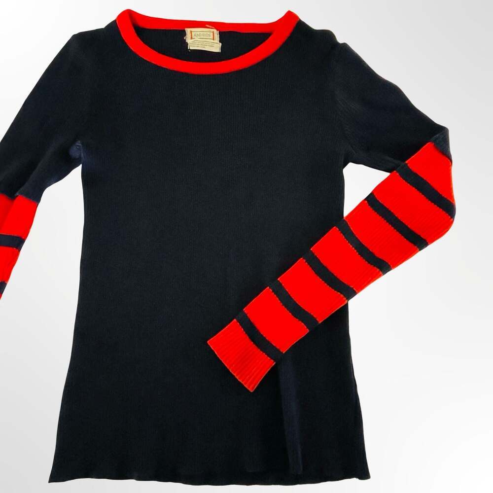 Andros Navy and Red Striped Long Sleeve Ribbed Knit Sweater