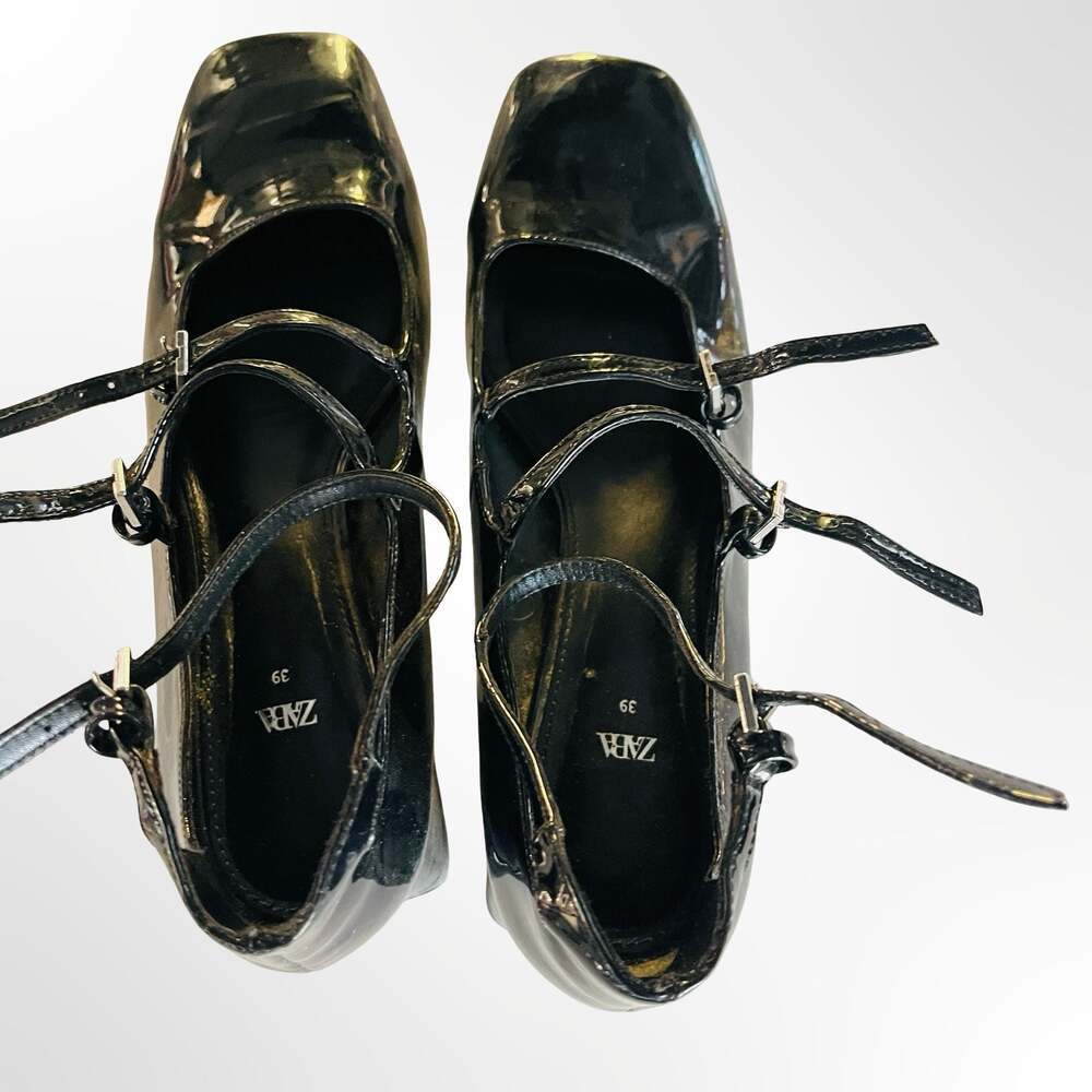 Zara Black Patent Leather Square-Toe Double-Strap Mary Jane Heels