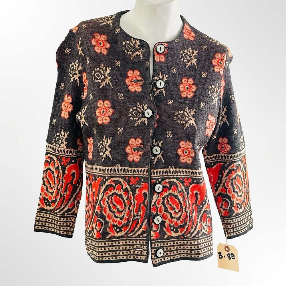 Geiger Collection Wool Cardigan Jacket with Floral and Paisley Pattern