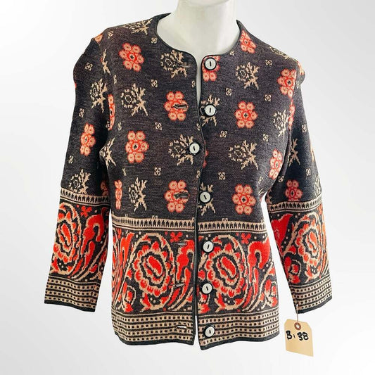 Geiger Collection Wool Cardigan Jacket with Floral and Paisley Pattern