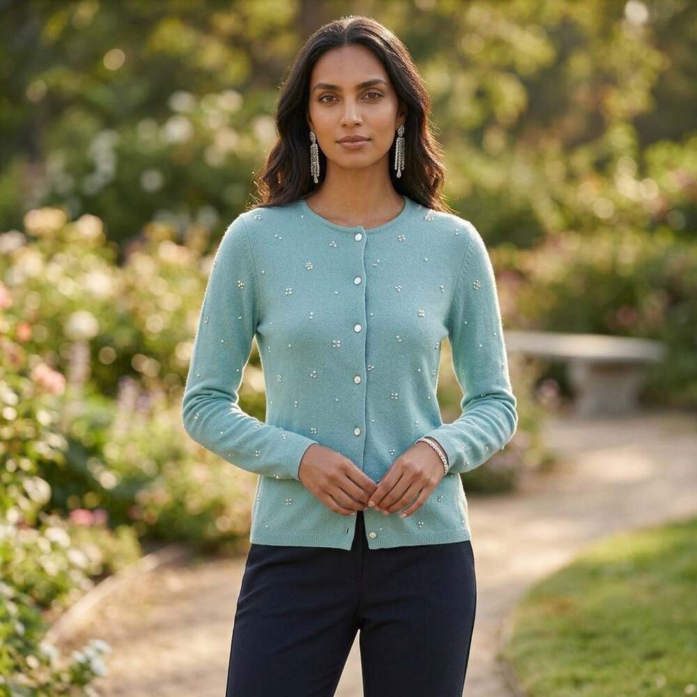 Beth Bowley Light Blue Beaded Floral Cardigan Sweater Size M