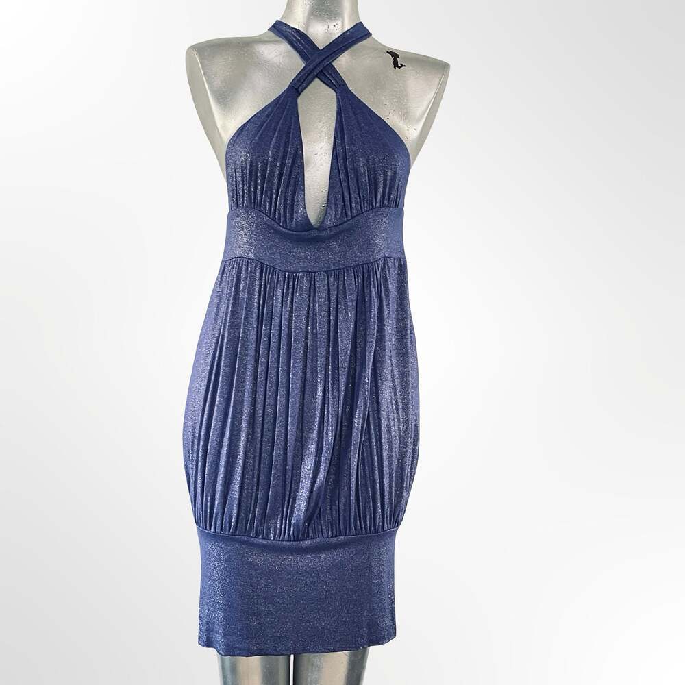 C. Luce Metallic Blue Halter Neck Pleated Mini Dress NWT
